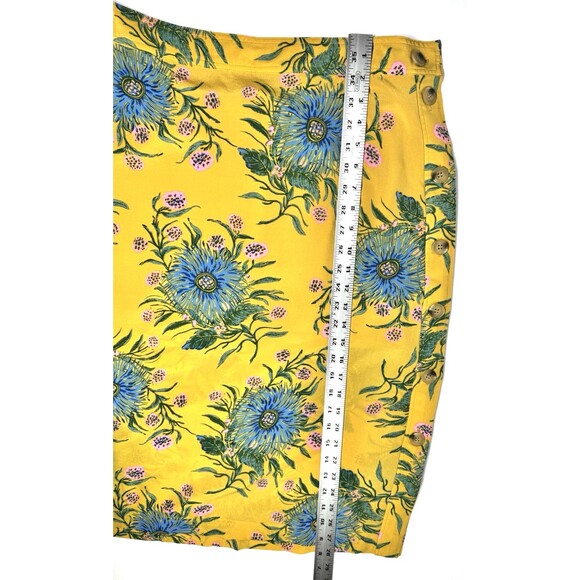 Madewell Silk Skirt Womens 12 Yellow Gold Floral Side Button Painted Blooms Midi - Picture 11 of 13